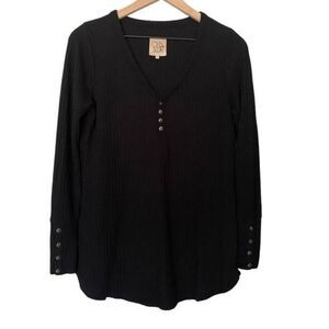 Chaser Small Black Ribbed Shirt V Neck Long Sleeve Knit Top Button Detail S